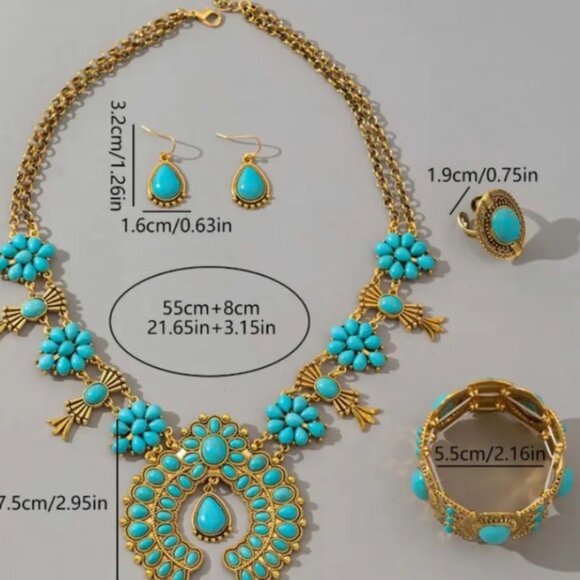 Western Boho 5pcs Squash Blossom Turquoise and Gold Statement Necklace Set - Picture 4 of 4
